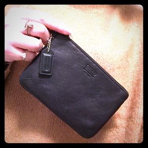 Coach Black Leather Wristlet Clutch Silver